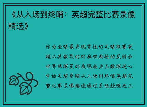 《从入场到终哨：英超完整比赛录像精选》