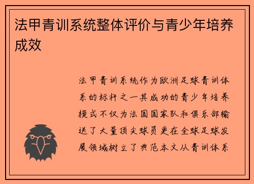 法甲青训系统整体评价与青少年培养成效
