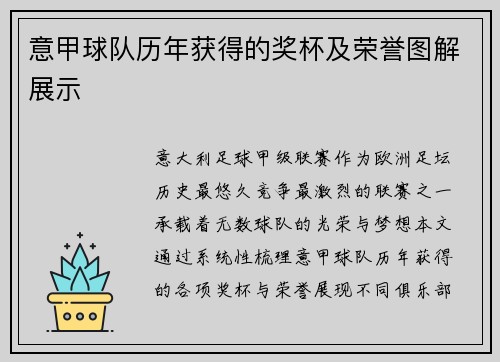意甲球队历年获得的奖杯及荣誉图解展示